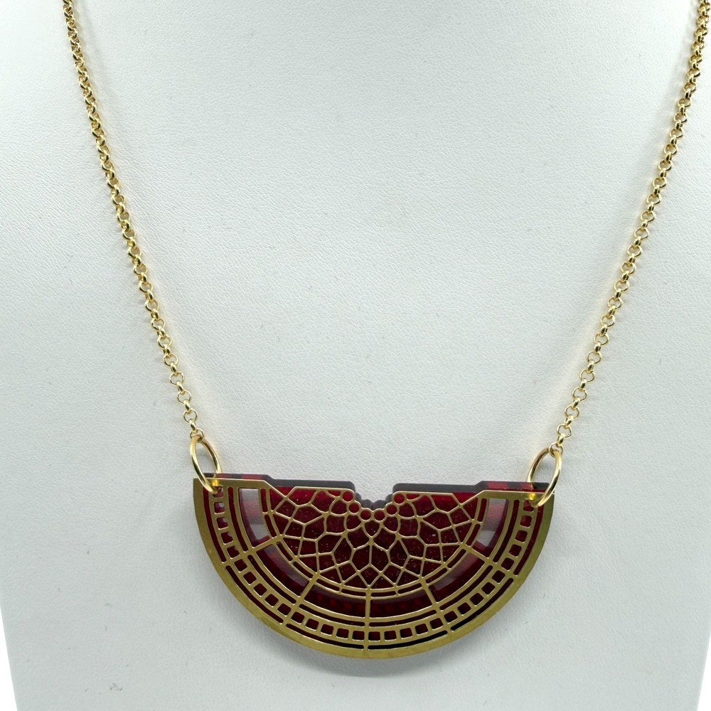 Y2K Gold Tone Semi Circle Pendant Necklace - Unique Red Statement Gift